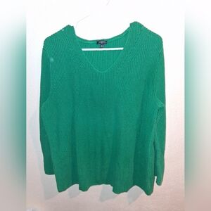 Talbots Ribbed V-Neck Long Sleeve Sweater 100% Pima Cotton Gorgeous Green 2X